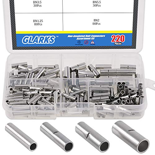 Product Cover Glarks 220Pcs Non-Insulated Butt Connectors Assortment Kit, 22-16/16-14/14-12/12-10 AWG Gauge Seamless Uninsulated Electrical Wire Ferrule Cable Crimp Terminal Kit for Electrical Splice DIY