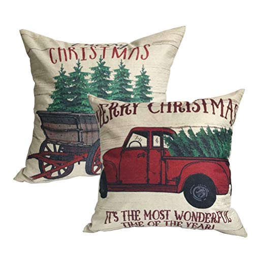 Product Cover ULOVE LOVE YOURSELF 2Pack Merry Christmas Pillow Cover with Christmas Tree and Vintage Red Truck Pattern Cotton Linen Home Decorative Throw Cushion Case 18 x 18 inch (Christmas-1)