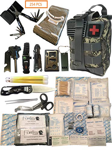 Product Cover Fortis EDC Emergency First Aid Survival Kit Molle Bag Tactical IFAK for Car Travel Camping Hiking RV - with Israeli Bandage 4 inch Trauma Bleed Stop and Full Size Multi-Tool CPR Mask - 254 Piece