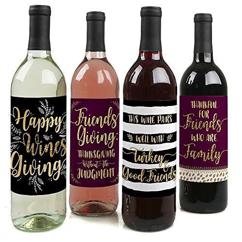 Product Cover Big Dot of Happiness Elegant Thankful for Friends - Friendsgiving Thanksgiving Party Decorations for Women and Men - Wine Bottle Label Stickers - Set of 4