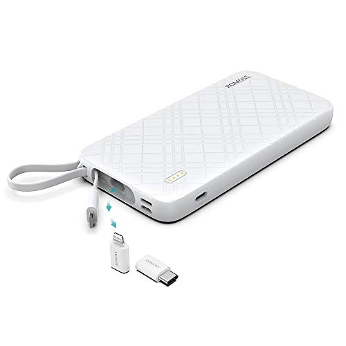 Product Cover ROMOSS 10000mAh Portable Charger with Built-in Cable, 3-Input/Output Power Bank with Type-C Adapter Compatible for iPhone Xs Max, iPhone 8, iPhone 7, Samsung S8 and More