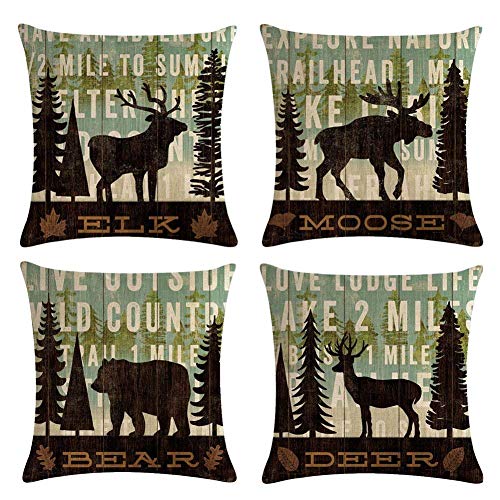 Product Cover MOMIKA Vintage Background Wildlife Elk Moose Bear Deer Pine Tree Forest Throw Pillow Covers Cotton Linen Pillowcase Cushion Cover Home Office Decor Square 18