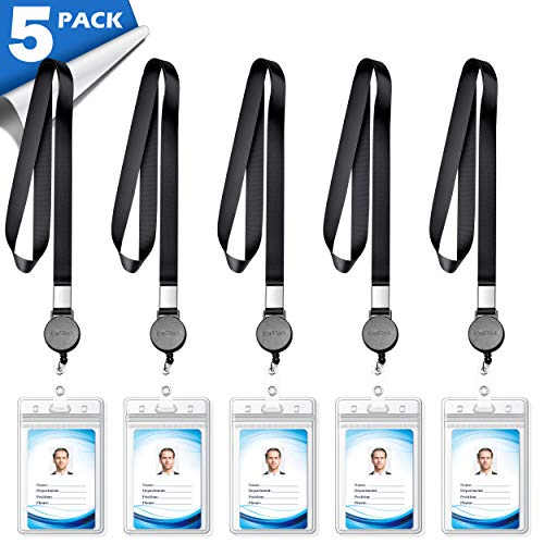 Product Cover Lanyard with ID Holder (5 Pack) 20 inch Flat Polyester ID Lanyard with Retractable Badge Reel and Vertical Name Badge Holder for Offices ID, School ID, Driver Licence (5)