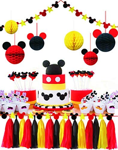 Product Cover ZOIN Party Supplies Honeycomb Balls Stars Garland Banner Tissue Paper Tassels for Mickey Minnie Theme Party Birthday Baby Shower Decoration Kits (Red Yellow Black)