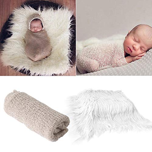 Product Cover 2Pcs Baby Newborn Photo Props Wraps & Photography Mat, DIY Newborn Baby Photo Blanket Swaddle Photography Props Wraps, Infant Soft Faux Fur Photography Backdrops Mat Rug for Baby Boys Girls