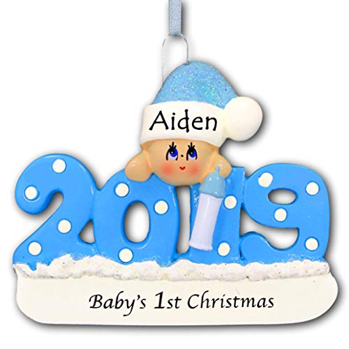 Product Cover 2019 Baby's First Christmas Ornament Gift - Baby Boy Blue with Polka Dots and Glittered Santa Claus Stocking Hat for Baby Boy - Free Name Personalization