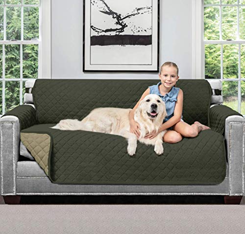Product Cover Sofa Shield Original Patent Pending Reversible Small Sofa Protector for Seat Width up to 62 Inch, Furniture Slipcover, 2 Inch Strap, Couch Slip Cover Throw for Pets, Cats, Sofa, Hunter Green Sage