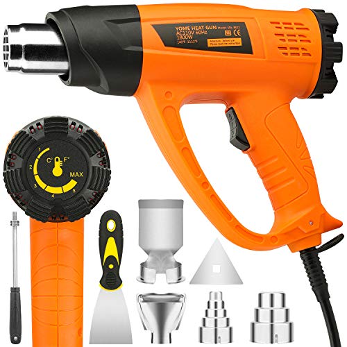 Product Cover Heat Gun Variable Temperature, Yome 1800W 140℉~1112℉（60℃- 600℃） Hot Air Gun with 2 Speed-Setting, Overload Protection, 4 Nozzle Attachments for Shrink Wrapping, Crafts, Cell Phone Repairs, Orange