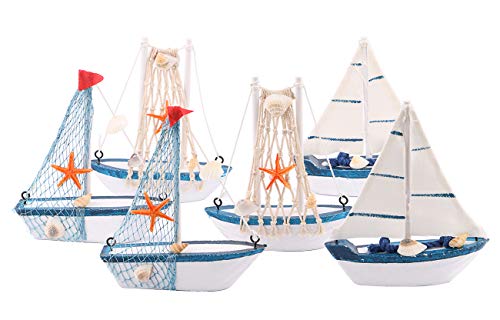 Product Cover Wooden Sailing Boat Model Mini, Dedoot Handmade Vintage Nautical Wood Sailing Boat Decoration for Table Ornament, Photo Props, Beach Ocean Theme Party and Room Decor, Pack of 6