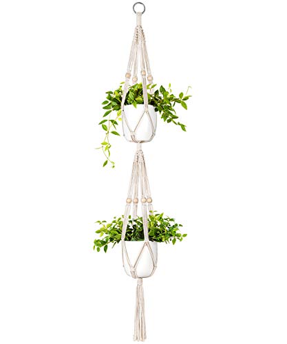 Product Cover Mkono Macrame Double Plant Hanger Indoor Outdoor 2 Tier Hanging Planter Basket Cotton Rope with Beads 4 Legs 49 Inches