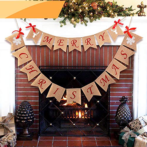 Product Cover Jolik Merry Christmas Burlap Banner with 4 Red Bows - Merry Christmas Banner Decoration for Fireplace Wall Tree