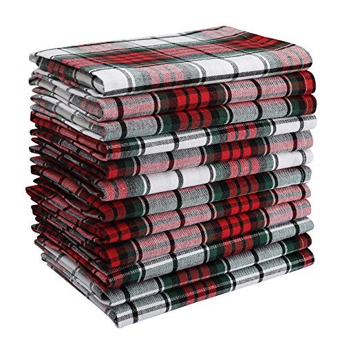 Product Cover DG Collections Dinner Napkins, 100% Cotton Over Sized Kitchen Napkins, Set of 12 Pack (19 x 19 Inch) Red/White/Green Plaid, with Mitered Corner and Lint Free