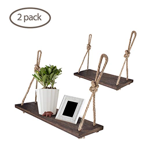 Product Cover Yankario Rope Hanging Floating Shelves, Rustic Wood Wall Decor Swing Shelf with 4 Hooks, Pack of 2