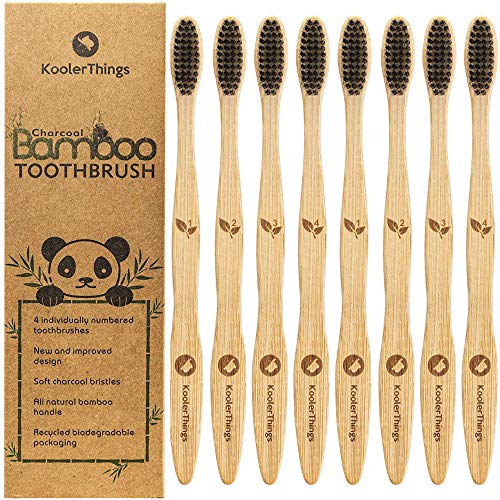 Product Cover 8 Pack - Biodegradable Natural Charcoal Bamboo Toothbrushes (Two Packs of 4 | BPA Free Soft Bristles | Biodegradable, Compostable, Eco Friendly, Natural, Organic, Vegan, Kooler-Things