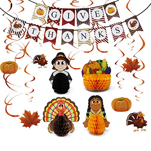Product Cover JOYIN Thanksgiving Party Decoration Set Including 4 Thanksgiving Decorative Playmates, 1 Banner Hanging Garland, 6 Foil Swirls with Decorative Hanging Cutouts and 6 Double Thread Foil Swirls for Thanksgiving Holiday Decor