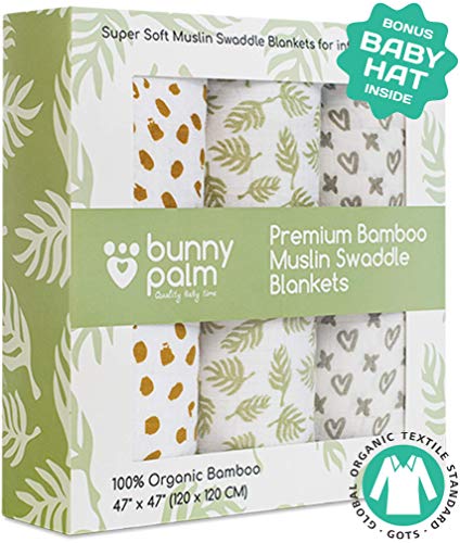 Product Cover Muslin Swaddle Blankets, Unisex Organic Bamboo for Baby Set of 3 Swaddles for Boys and Girls, Soft Swaddling Receiving Sleep Blankets, Unisex Infant Toddler Gender Neutral Gift Baby Hat