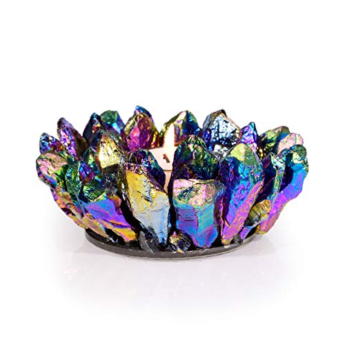 Product Cover KALIFANO Natural Rainbow Quartz Cluster Crystal Tealight Candle Holder - Decorative High Energy Geode with Healing Effects