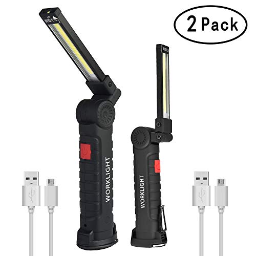 Product Cover 2Pack COB LED Work Light YOUYOUTE USB Rechargeable Pocket LED Light COB 360°Rotate 5 Lighting Modes + Magnetic Base + Swivel Hook Water-Resistant Inspection Work Light Portable Light (2Pack (L+S))