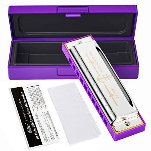 Product Cover Eastar Major Blues Harmonica 10 Holes C Key Beginner Diatonic Harmonica for Kids and Adults with Hard Case and Cloth, Purple