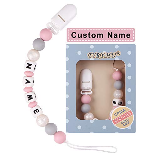 Product Cover Personalized Pacifier Clips TYRY.HU Silicone Teether Toys Holder Chain for Baby Boys Shower Gift (Pink)