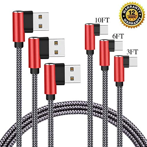Product Cover CTREEY Compatible for USB Type C Cable Right Angle, CTREEY 90 Degree [3 Pack 3ft 6ft 10ft] 2.0 Fast Charger Nylon Braided Cord for Samsung Galaxy S9 S8 Plus Note 9 8,Google Pixel XL,Moto Z Z2,LG V30
