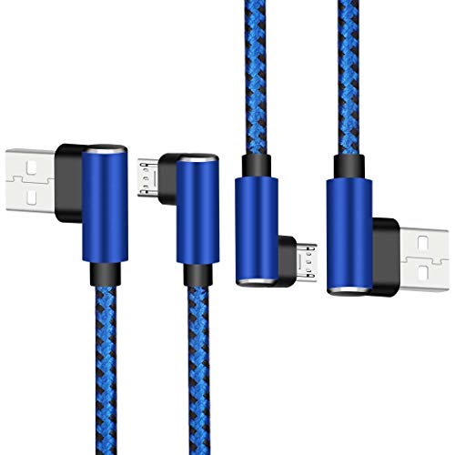 Product Cover Micro USB Cable Android Charger - [2-Pack 10FT] 90 Degree Right Angle Nylon-Braided Fast Sync & Charging Cord Compatible with Galaxy, Kindle, Nexus, LG, Xbox, PS4, Smartphones & More(Blue)