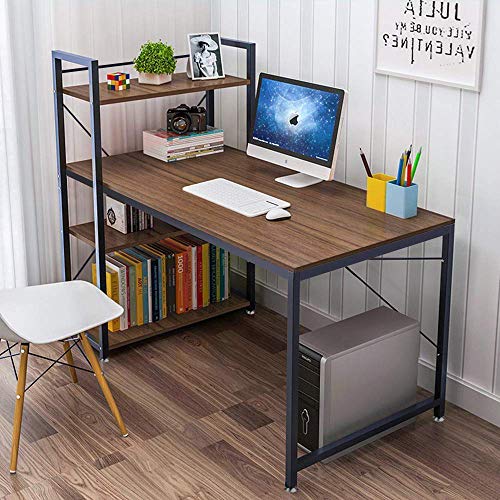 Product Cover Tower Computer Desk with 4 Tier Shelves - 47.6'' Multi Level Writing Study Table with Bookshelves Modern Steel Frame Wood Desk Compact Home Office Workstation (Walnut)