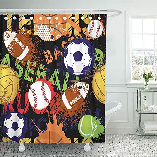 Product Cover Emvency Shower Curtain Waterproof Polyester Fabric 72 x 72 inches Boy Sport Pattern with Balls Repeated for Child Creative Grunge Design Black Game Set with Hooks Decorative Bathroom