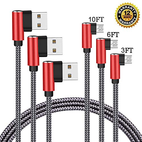 Product Cover Micro USB Cable, CTREEY 90 Degree 3 Pack 3FT 6FT 10FT Long Premium Nylon Braided Android Fast Charger USB to Micro USB Charging Cable for Samsung Galaxy S7 Edge/S6/S5, Note 5/4/3 (Grey Red)