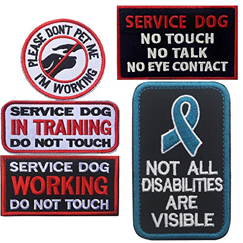Product Cover Service Dog Patches, In Training,  Not All Disabilities are Visible, I'm Working Please Don't Pet Me, Working , No Touch No Talk No Eye Contact Embroidered Hook and Loop Patches 5 PCS