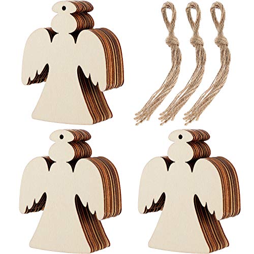 Product Cover Tatuo 30 Pieces Wooden Angel Shape Cutouts Crafts Blank Wood Hanging Ornaments with 3 Rolls Twines for Christmas Tree Decoration