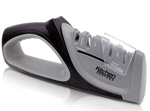 Product Cover Professional Knife Sharpener by Kitchen Hostess - Great for Senzu, Santoku, Chef, Paring, Tactical, Pocket Knives - Quickly Hones, Sharpens & Polishes - Glove Included
