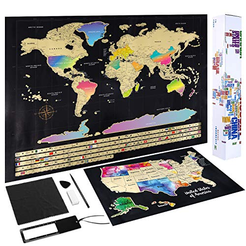 Product Cover Scratch Off Map of The World - (2-in-1) World Map with Scratch Off USA Map, Gift Messaged Box + Storage Pouch with Bonus Tools - 23.4