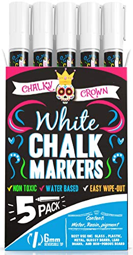Product Cover Liquid Chalk Marker Pen - White Dry Erase Marker - Chalk Markers for Chalkboard Signs, Windows, Blackboard, Glass - 6mm Reversible Tip (5 Pack) - 24 Chalkboard Labels Included