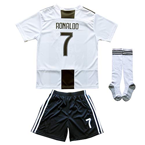 Product Cover FCRM 2019/2020 New #7 Cristiano Ronaldo Kids Home Soccer Jersey & Shorts Youth Sizes (New (Juve), 8-9 Years Old)