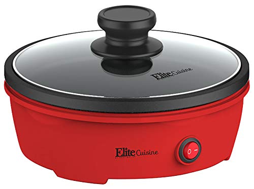 Product Cover Elite Cuisine EGL-6101 Electric Personal Nonstick Stir Fry Griddle Pan Skillet with Tempered Glass Lid, Rapid Heat Up, High Temperature, On/Off Switch, Indicator Light, 8.5 inch, 650 Watts, Red