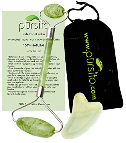 Product Cover Pursito Real Jade Facial Massage Roller Set With Gau-Sha Scraper, Best Therapy Roller For Face Plumps Fine Lines, Anti Aging, Acne, Tightens Skin And Pores, Reduces Wrinkles And Tones, Eye P