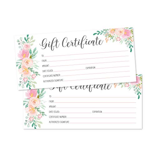 Product Cover 25 4x9 Floral Blank Gift Certificate Cards Vouchers for Holiday, Christmas, Birthday Holder, Small Business, Restaurant, Spa Beauty Makeup Hair Salon, Wedding Bridal, Baby Shower Cash Money Printable