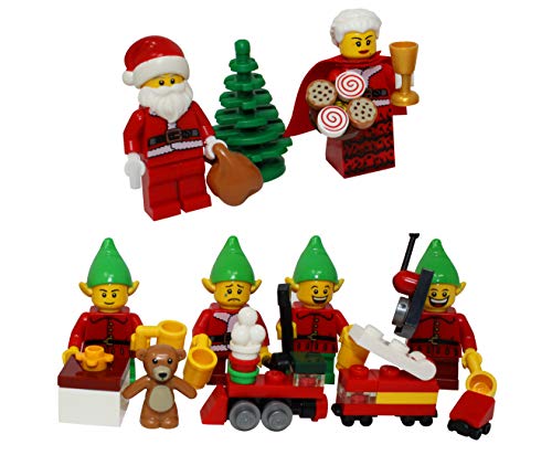 Product Cover LEGO Christmas Santa Claus, Mrs Claus, 4 Elves, Tree, Elf Gift Presents - Custom Xmas Minifigure