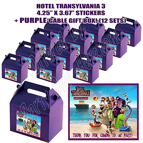 Product Cover DreamPartyWorld Hotel Transylvania Summer Vacation Movie 3 Party Favor Boxes with Thank You Decals Stickers Loots Purple Birthday 12 Pieces Great Seller ââ'¬Š