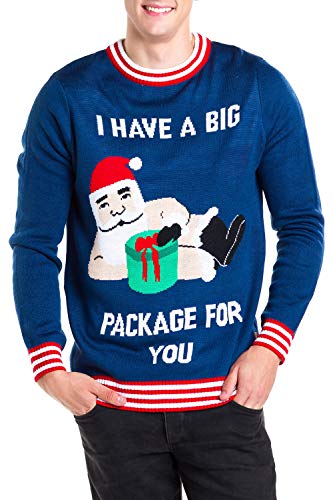 Product Cover Tipsy Elves Men's Santa Present Christmas Sweater - Navy Big Package Funny Ugly Christmas Sweater