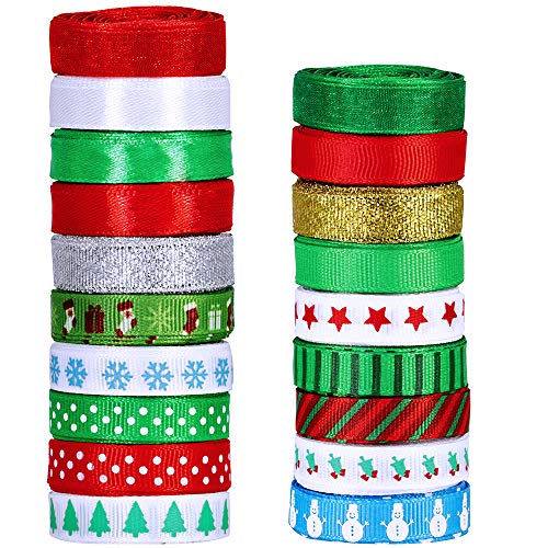 Product Cover 19 Rolls 135 Yard Christmas Ribbons Trims Printed Grosgrain Ribbons Multicolor Organza Ribbons Satin Ribbons Metallic Glitter Ribbons 3/8