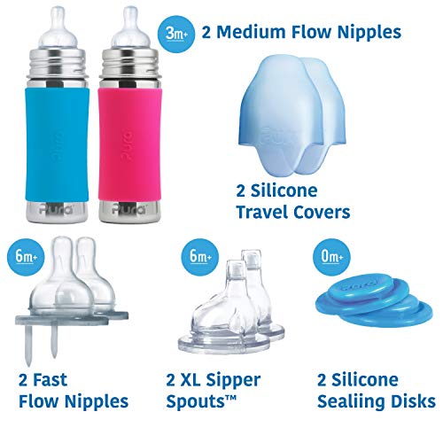 Product Cover Pura Stainless Gift Set with 11oz/325 ml Stainless Steel Infant Bottles, (2) Silicone Medium-Flow Nipples (2), Fast-Flow Nipples (2), XL Sipper Spouts (2), Sealing Disks (2), Sleeves (2)-Aq&Pnk