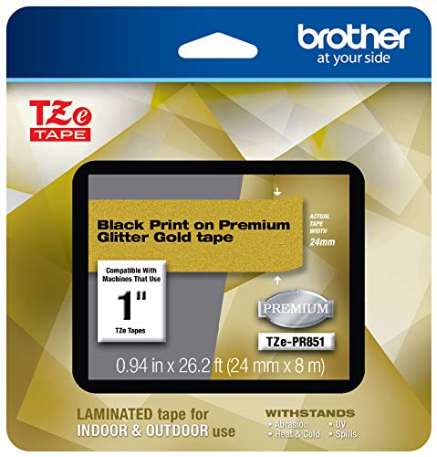Product Cover Brother P-touch TZe-PR851 Black Print on Premium Glitter Gold Laminated Tape 24mm (0.94
