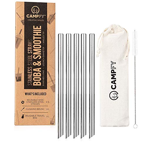 Product Cover CAMPFY Stainless Steel Boba Straw Original Set: 5 Angled-Tip Straws & Cleaning Brush - Wide Bubble Tea Straws - Reusable Metal Drinking Straws for Reduced Plastic Consumption - Dishwasher Safe