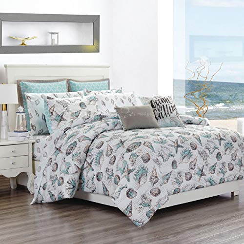 Product Cover KingLinen 11 Piece Seashells Aqua/Gray Reversible Comforter Set with Sheets Queen