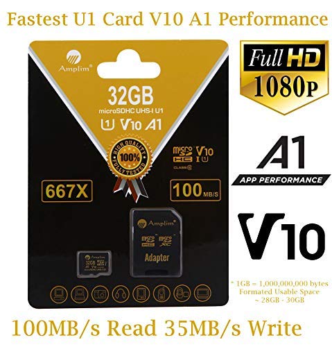 Product Cover TF Card 32GB Micro SD Plus Adapter. Amplim 32 GB MicroSD Memory Card. (100MB/s 667X V10 A1 Class 10 U1 UHS-I) MicroSDHC Card for Cell Phone, Tablet, Camera, Fire, GoPro, Nintendo, Dashcam, DJI, LG