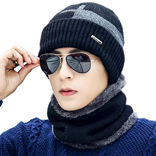 Product Cover 2-Pieces Beanie Hat Scarf Set Winter Warm Fleece Lined Skull Cap and Scarf for Men Women