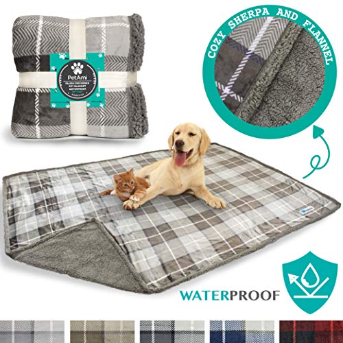 Product Cover PetAmi Waterproof Dog Blanket for Bed, Couch, Sofa | Waterproof Dog Bed Cover for Large Dogs, Puppies | Checkered Sherpa Fleece Pet Blanket Furniture Protector | Reversible | 80 x 55 (Taupe)