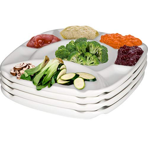 Product Cover MyCuisina Divided Fondue plates, White Stoneware Set of 4, 8 Sections - Gift Boxed